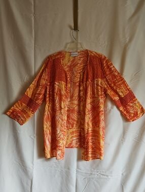 Alfred Dunner Orange and Yellow Leaf-Print Open Cardigan